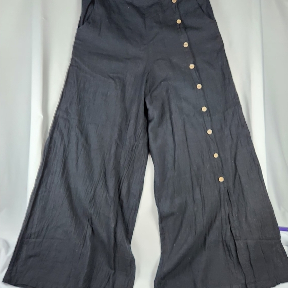 Women's Black Button Slit Wide Leg Pants With Pocket. 100% Cotton. Free Size - Picture 3 of 9